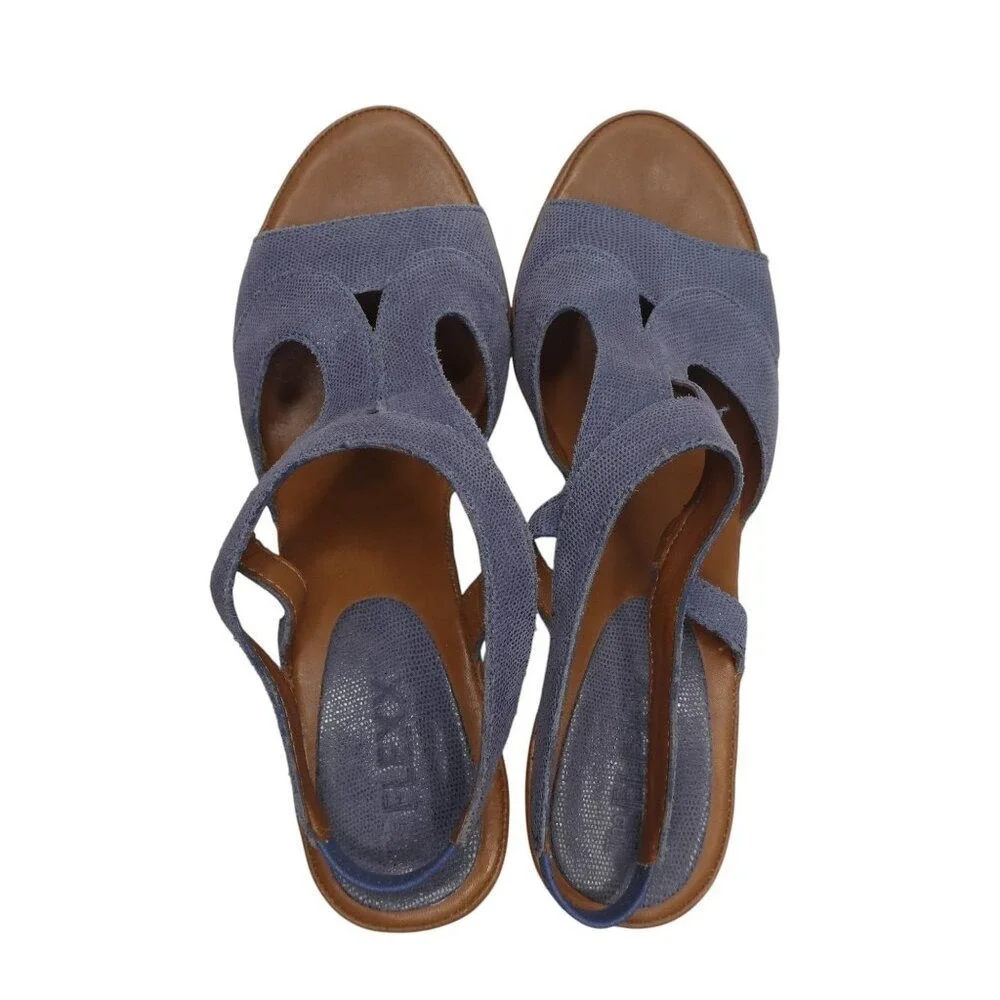 The FLEXX Wedge‎ Sandal Women 8.5 Blue Textured Leather Cork T-Strap Slingback
